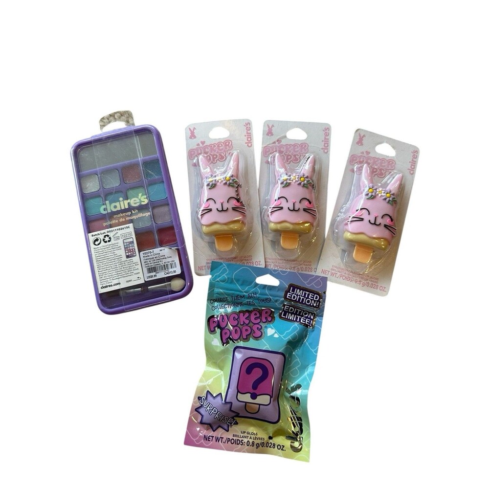 5pc NWT Claire's Bundle Pucker Pops Bunny  Mystery & Makeup Kit NEW $37 Value